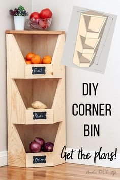 This is perfect for my small kitchen! How to build a DIY corner vegetable storage bin. It is so easy and has step by step instructions and plans. great beginner woodworking project! #AnikasDIYLife #organization #kitchen