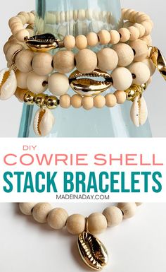 DIY Cowrie Shell Stack Bracelets, DIY shell bracelet, cowrie shell bracelet gold, puka shell bracelet, DIY cowrie shell bracelet, natural bead cowrie shell bracelet, gold cowrie shell, boho shell bracelet, DIY shell bracelet, DIY jewelry, bohemian bracelet with shells, layered bracelets, wood bead shell bracelets, #bracelet #DIYJewelry #Cowrie #cowrieshell #shell #beachy #jewelry #bohostyle #DIYFashion #costumejewelry #beachyjewelry #stretchbracelet #DIYbracelet #gift #fashion #accessorize