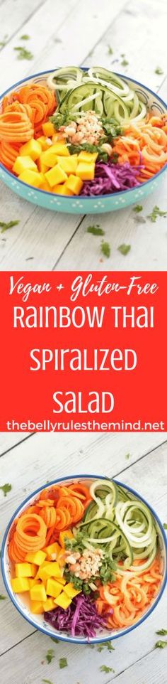The most delicious Rainbow Thai Spiralized Salad ever. Loaded with vegetable noodles and tropical fruits. Dress it up with Peanut Sauce and healthy, flavorful, plant-based meal is ready. #Vegan. #GlutenFree. #DairyFree #rainbow #thai #salad #spiralized #healthy #detox #mango #cucumber #papaya #carrots #peanutsauce #ninja #ninjaspiralizer #ninjaautospiralizer #spiralizer @bellyrulesdmind @ninjakitchen