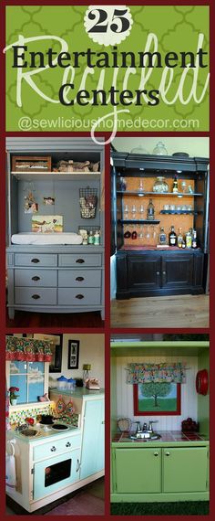 Creative Recycled Entertainment Centers. Turn them into a play kitchen, or a cat station, a garden station, bird cage, wine station, diaper changing station and more!   sewlicioushomedecor.com