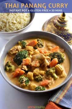 A quick and easy Instant Pot (or stove-top) recipe for Thai Panang Curry, a rich, mildly spicy and creamy coconut curry.  This curry can be made with Chicken, Shrimp or Tofu (Vegan).  Serve it with Jasmine Rice and enjoy!  #spicecravings #thaifood #curry #instantpot #glutenfree #chicken via @spicecravings