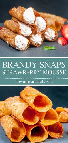 Crunchy & sweet brandy snaps stuffed with fluffy and creamy strawberry mousse. The sweet and spice mix together perfectly as you drift away into bliss. Yum!  #brandysnaps, #brandy, #brandycandy, #gingersnaps, #brandygingersnaps, #yorkshirebrandysnaps,  #strawberries, #strawberryrecipes, #strawberrymousse, #strawberryparfait
