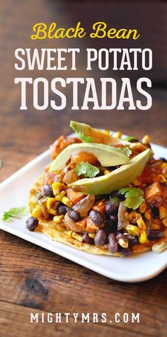 Black Bean and Sweet Potato Tostadas - These vegetarian tostadas are a healthy yet easy homemade dinner idea. I'll show you how to make this veggie dish, packed full of flavor using fresh corn, salsa and avocados with a hint of honey, lime and Mexican spices. This is a must-try if you're searching for healthier dinner options. You can also make this into an appetizer and serve with chips!! #sweetpotatorecipes #blackbeansweetpotatotostadas