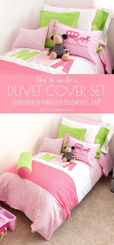 Thinking about a new bedding set for your girl's bedroom??? I have a super cute idea here! How to make a Duvet cover Set for Girls and also learn how to make cute pillowcases too!