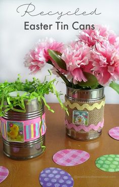 These Recycled Easter Tin Cans are so adorable!  Just use empty cans and add Easter burlap or ribbon.  sewlicioushomedecor.com