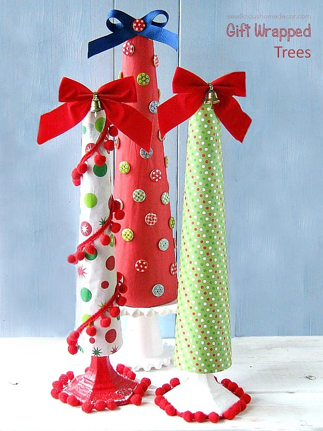 Wrapped cones with tissue paper or wrapping paper for a DIY Holiday Christmas Tree at sewlicioushomedecor