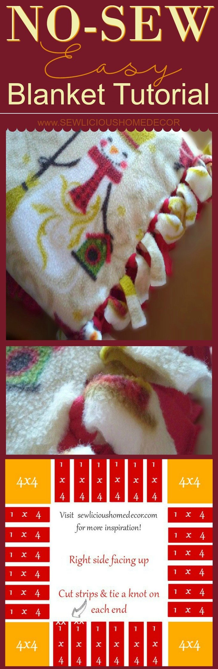 Easy No Sew Christmas Snowman Blanket Tutorial by sewlicioushomedecor.com